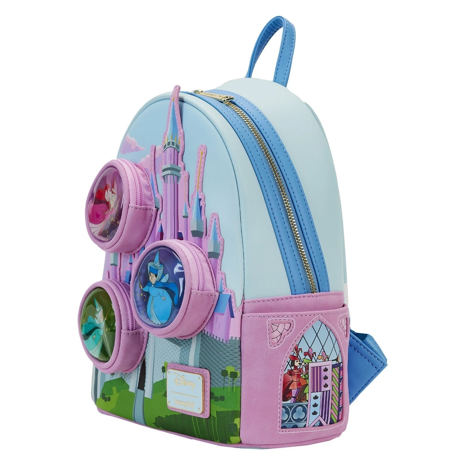 LOUNGEFLY Sleeping Beauty Castle Three Good Fairies Stained Glass Mini Backpack 2 LOUNGEFLY Sleeping Beauty Castle Three Good Fairies Stained Glass Mini Backpack - Image 2