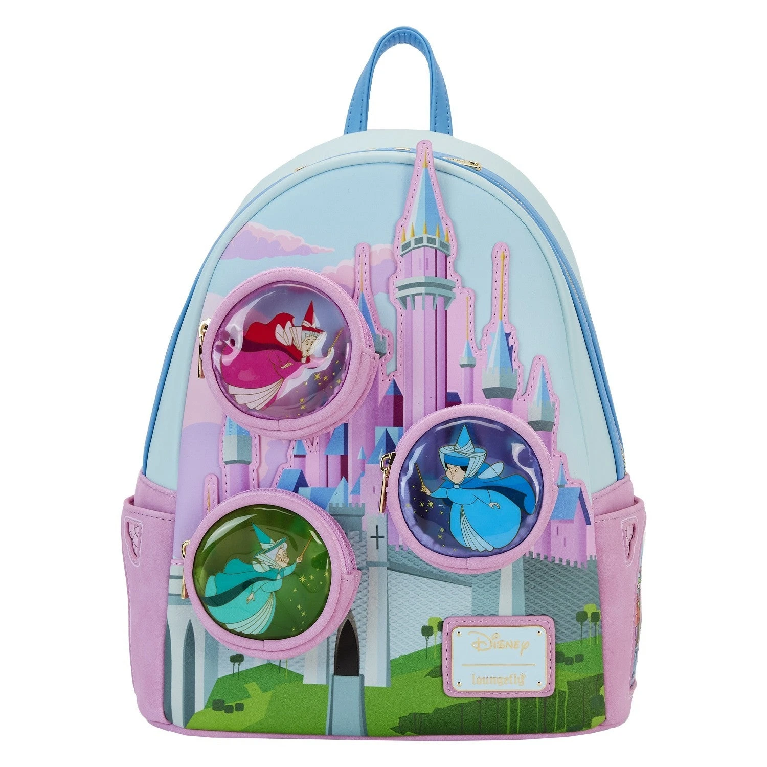 LOUNGEFLY Sleeping Beauty Castle Three Good Fairies Stained Glass Mini Backpack 1 LOUNGEFLY Sleeping Beauty Castle Three Good Fairies Stained Glass Mini Backpack